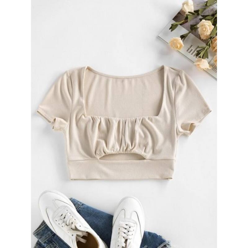 Ribbed Ruched Cutout Crop Tee RW1781