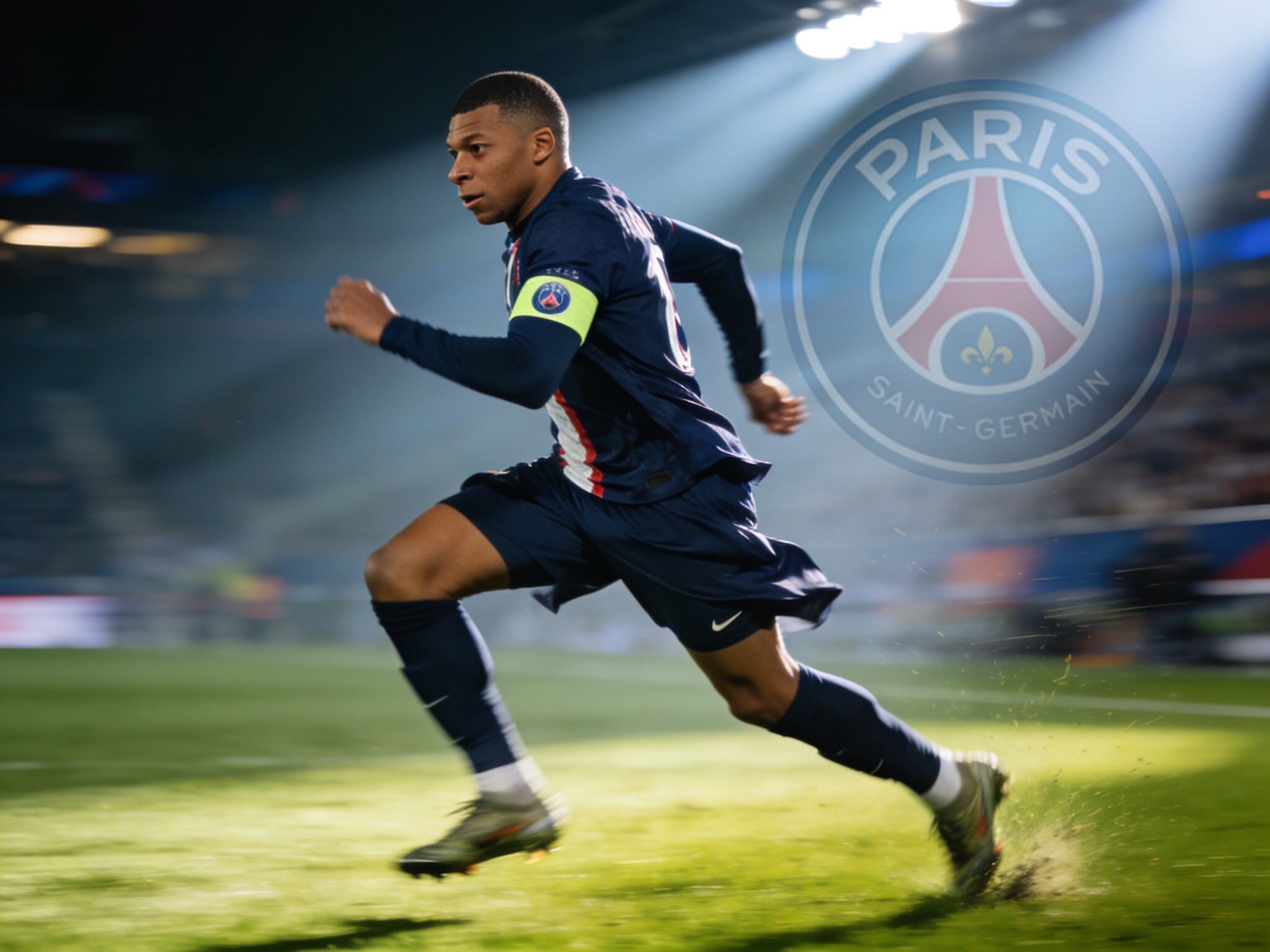 Kylian Mbapp&eacute; as France captain with PSG crest background, linking his Euro 2024 role to PSG jersey popularity.