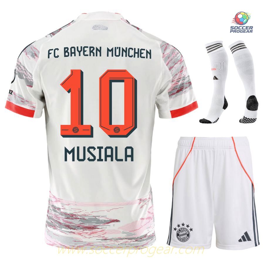 Bayern Munich Away Kids Edition Soccer Uniform Team Jersey 2025-2026 Season Musiala