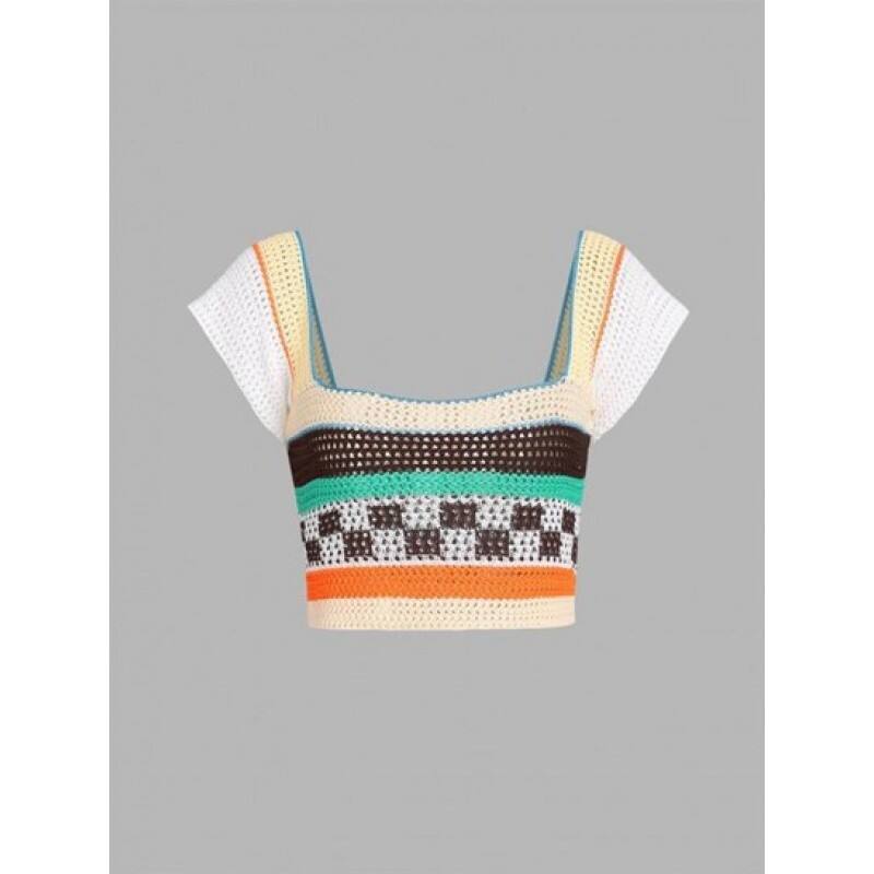Openwork Crochet Checkered Striped Cap Sleeve Crop Top EM2890