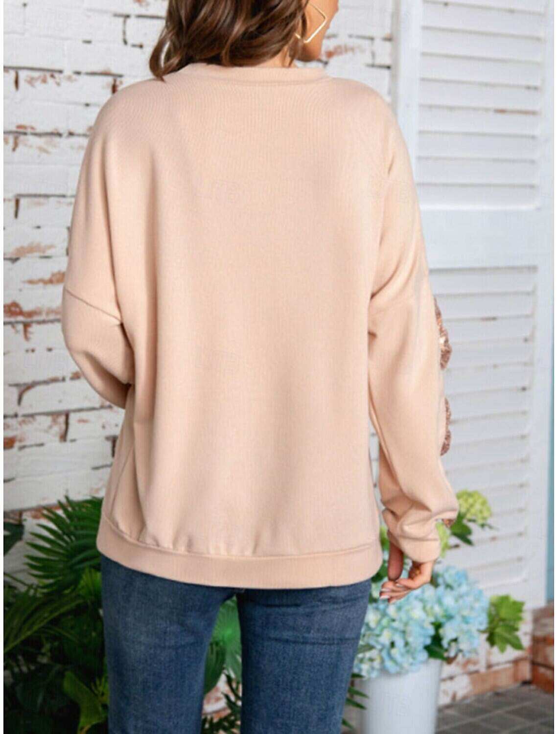 Women's Shirt Blouse Basic Casual Solid Color Regular Tops Long Sleeve Crew Neck Sequins Patchwork Bow Regular Fit Daily Fall Winter