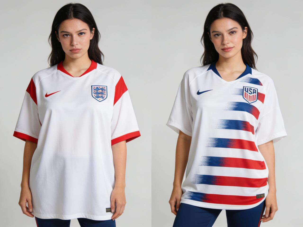 A side-by-side comparison photo. Left: a person looking uncomfortable in an oversized, boxy traditional jersey. Right: the same person looking confident and stylish in a tailored female-fit jersey.