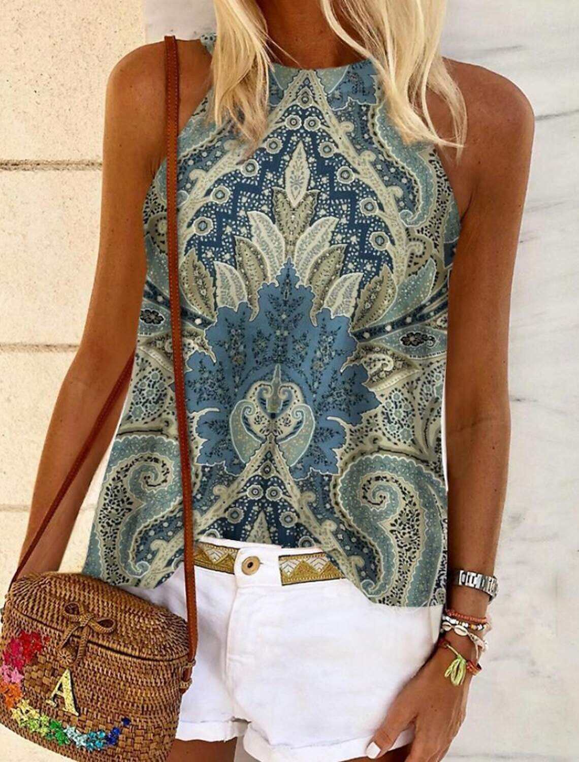Women's Tank Top Halter Summer Tops Graphic Floral Sleeveless Ethnic Boho Halter S