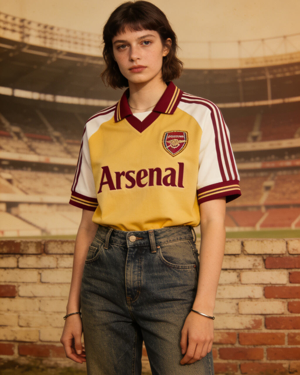 Arsenal retro jersey, vintage football shirt, classic design, old stadium background, nostalgic fashion, retro style, maroon and yellow, timeless elegance