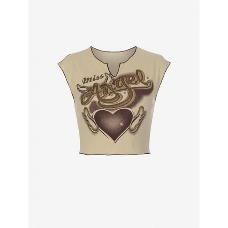 Heart Wing Angle Print Slit V Notched Crop Ringer T Shirt WE0738