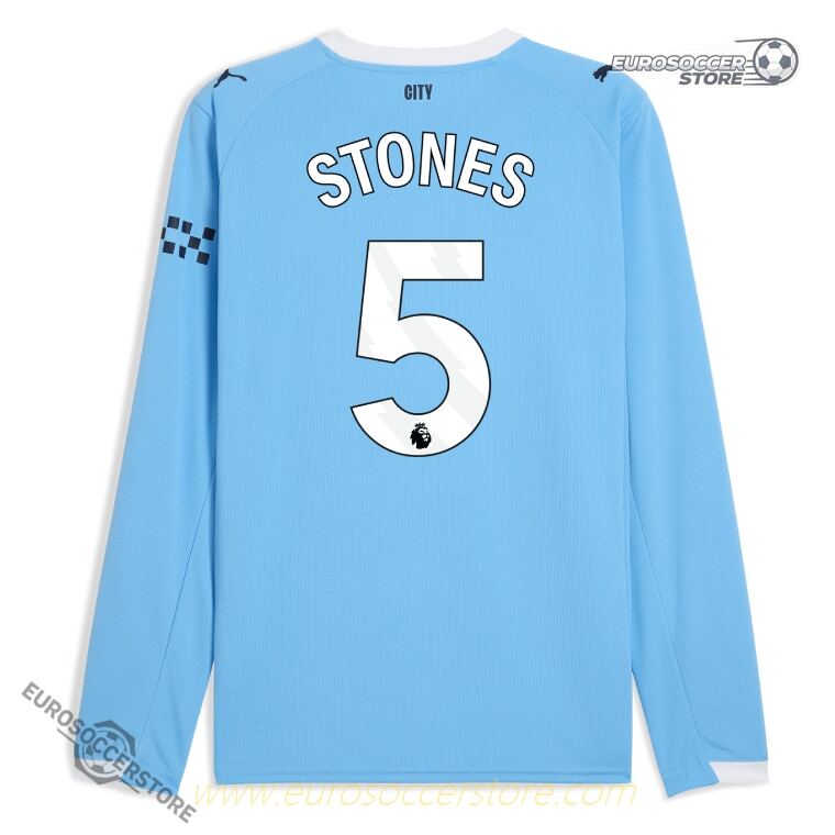 Manchester City's 25-26 Home Long Sleeve Jersey featuring STONES with the number 5