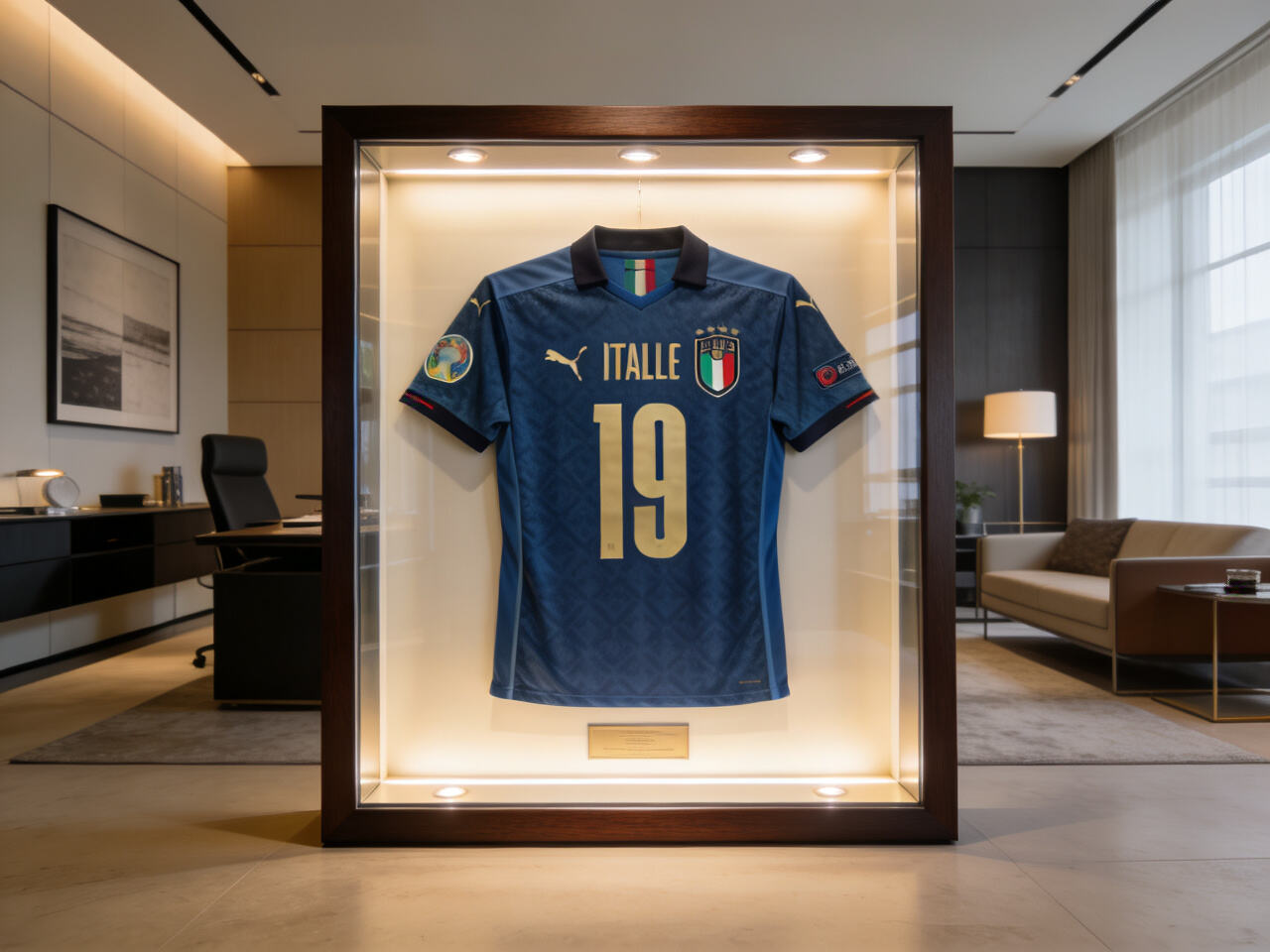 A tastefully framed historic championship jersey in a collector&lsquo;s home office.