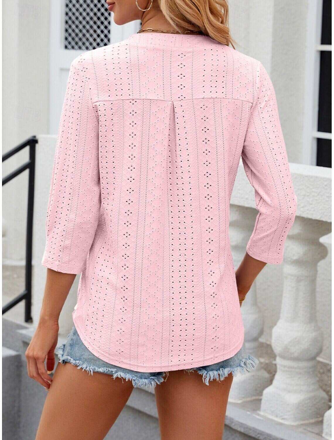 Women's Shirt Blouse Stylish Casual Floral Regular Tops Long Sleeve Notched Neck Eyelet Regular Fit Daily Summer Spring