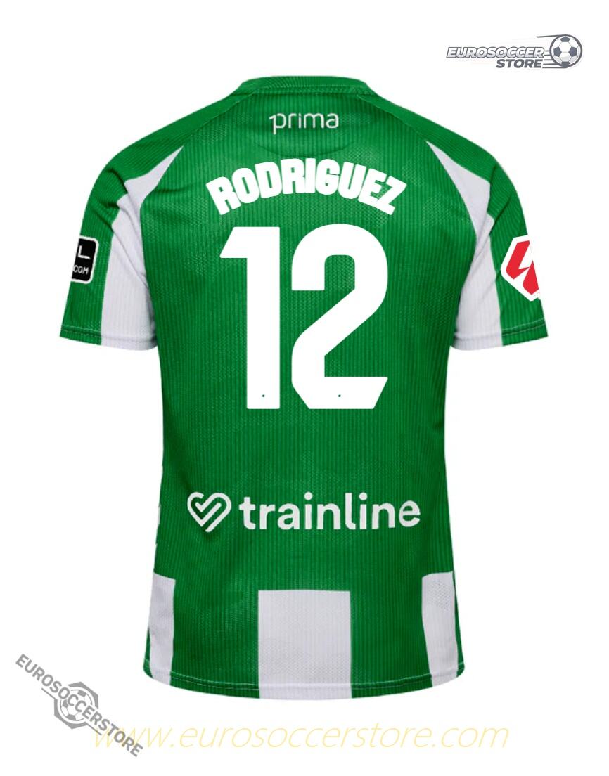 Real Betis' 25-26 Home Jersey, featuring RODRIGUEZ and the number 12.