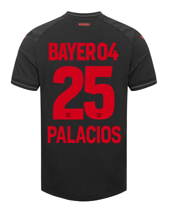 Bayer 04 Leverkusen's PALACIOS 25 Home Jersey for the 23-24 season.