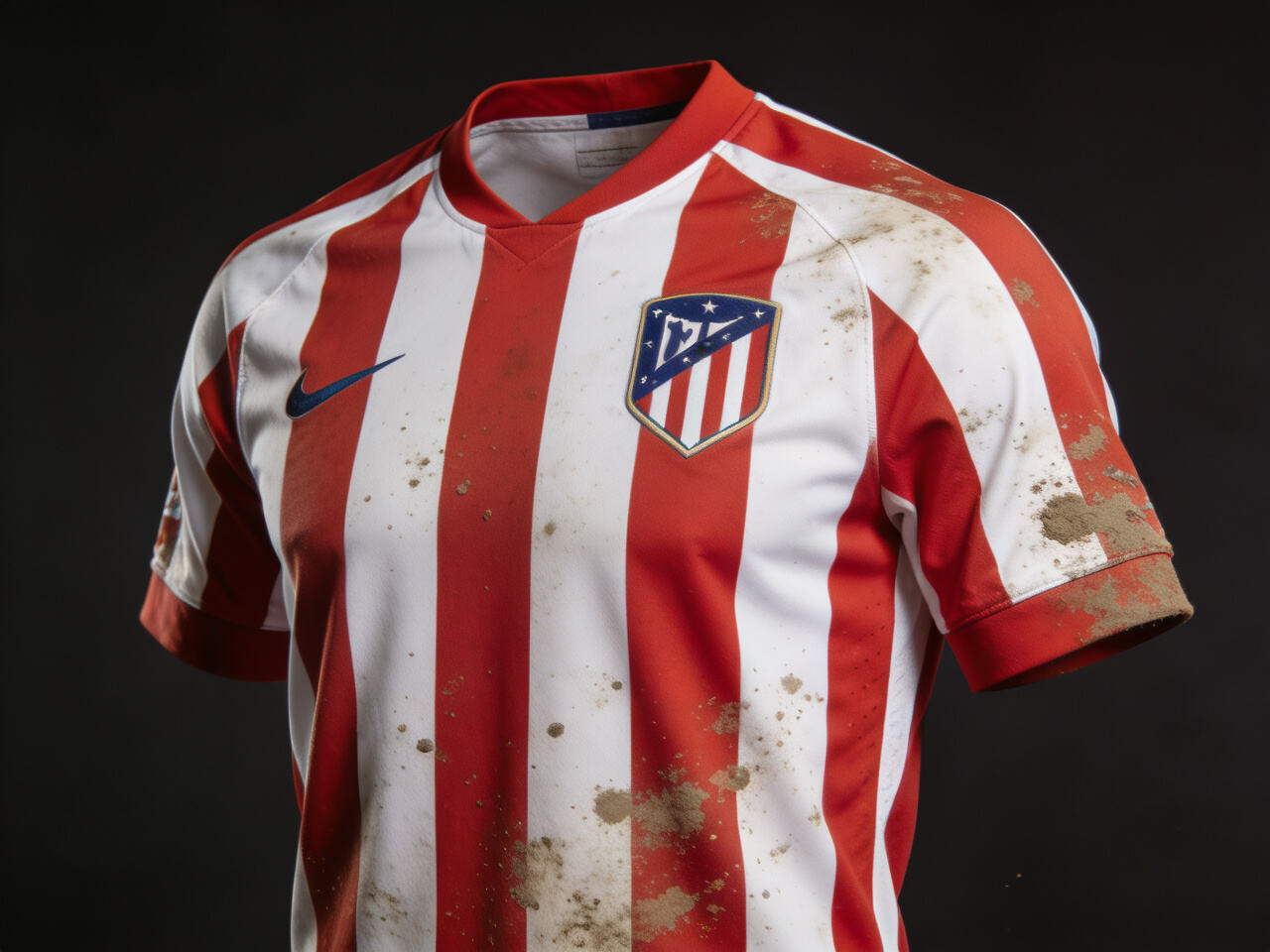 A weathered, "battle-ready" looking Atl&eacute;tico jersey, perhaps slightly muddy.