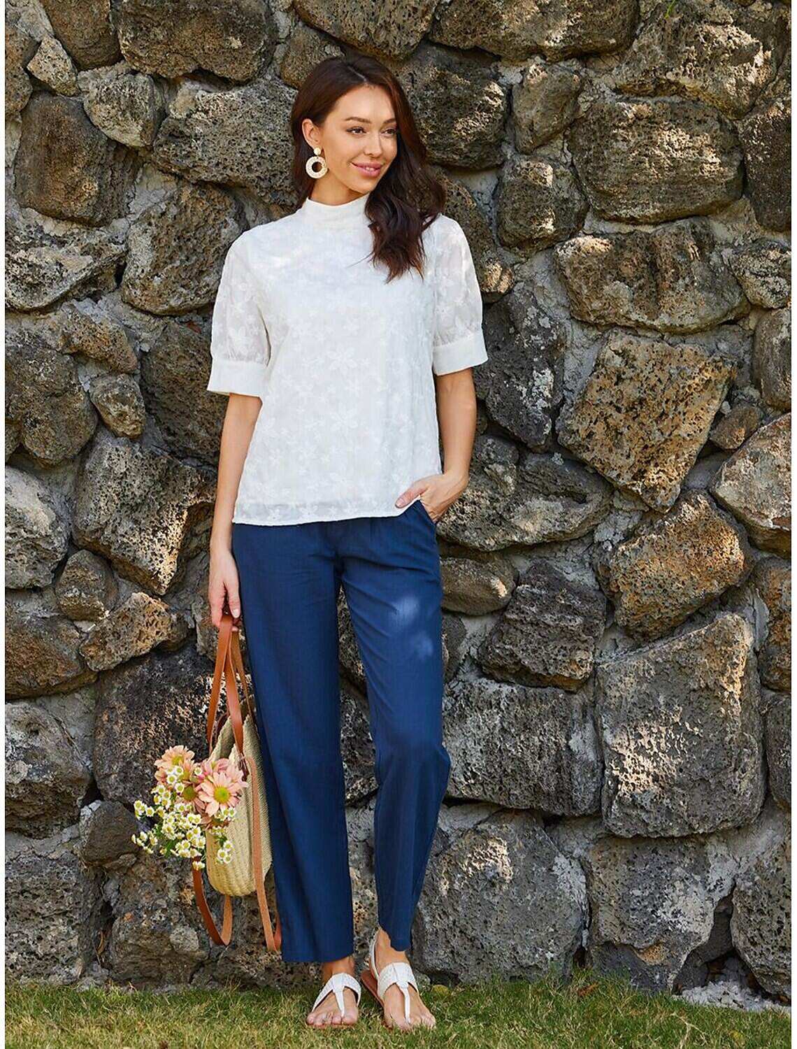 Women's Elegant Lace Tops Eyelet Blouse Turtleneck Dressy Tops Luxurious Floral Regular Tops Short Sleeve Embroidered Regular Fit Vacation Casual Romantic Petite Tops Summer Holiday Wear