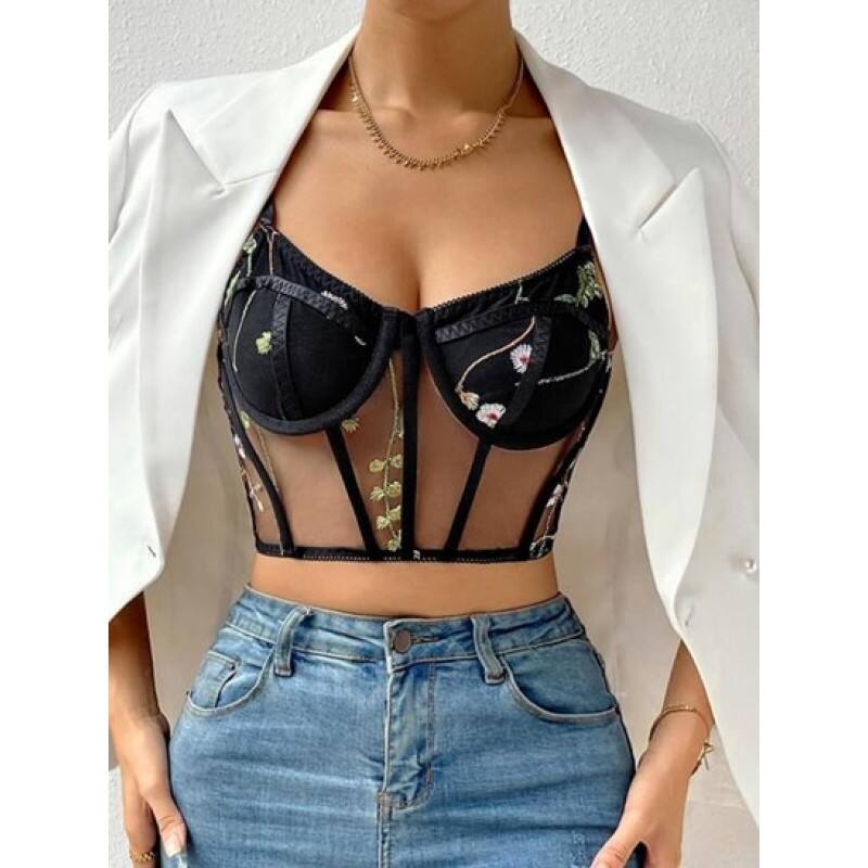 Bustier Underwire Embroidered Sheer Corset Cami Top TL9607
