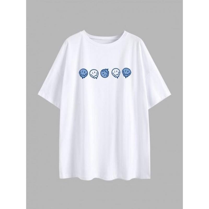 Positive Smiling Face Print Drop Shoulder T Shirt MP6927