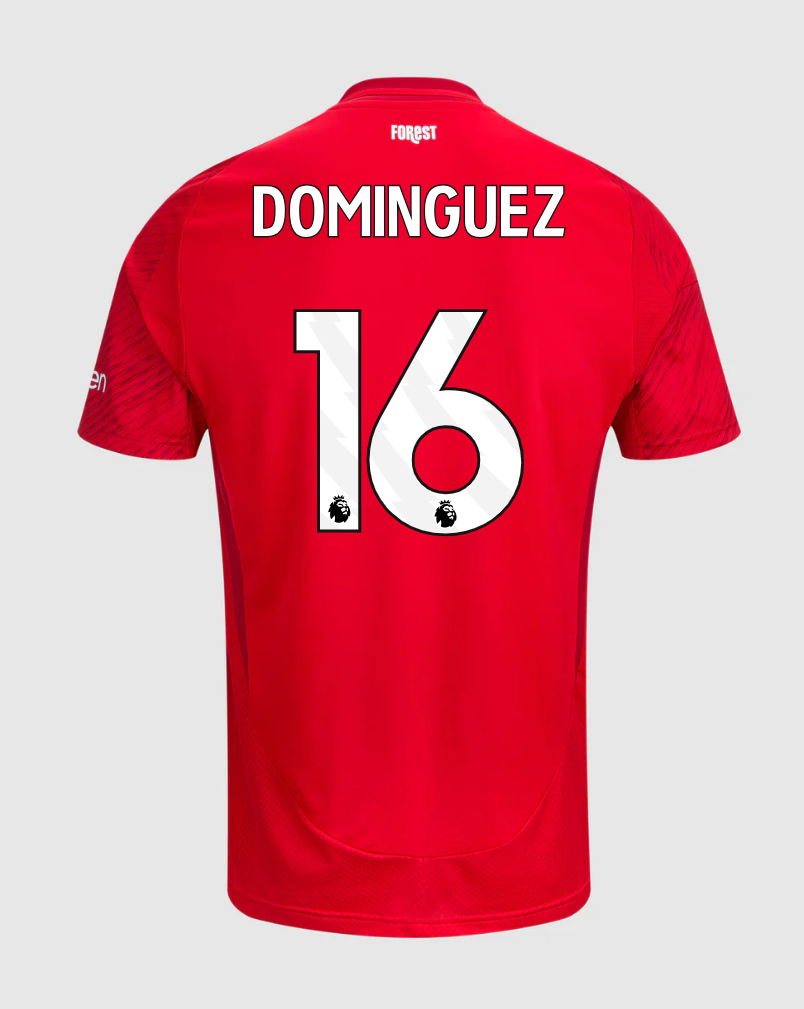 Nottingham Forest's 24-25 Season Home Jersey Featuring Dominguez, Number 16