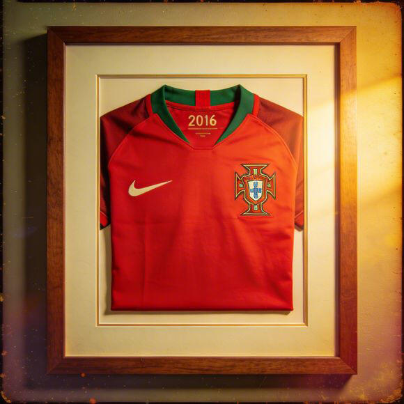 2016 era Portugal jersey, framed memorabilia, vintage filter, nostalgic warm lighting, faded edges, classic football collectible