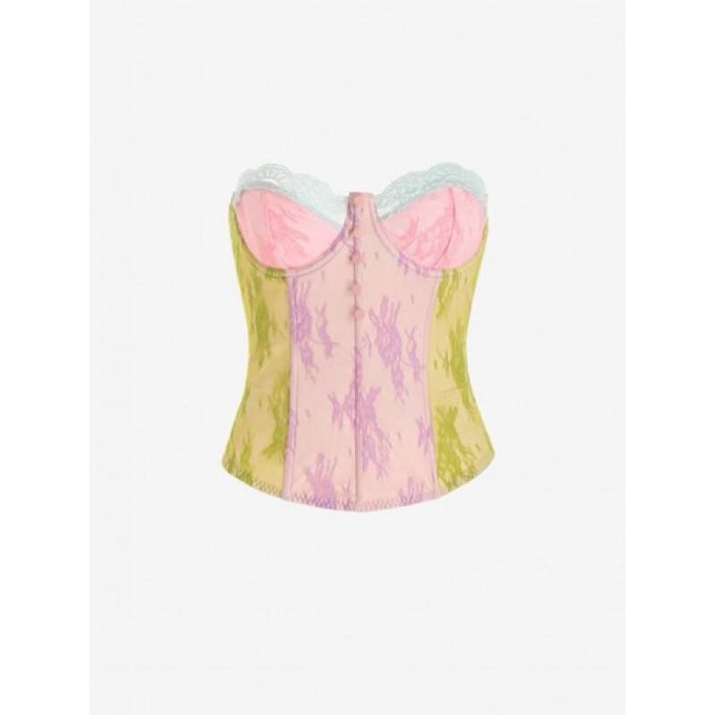 Colorblock Lace Underwire Mock Button Strapless Corset Top PC8745