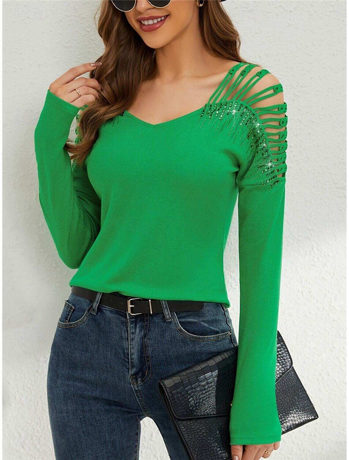 Women's T Shirt Fashion Modern Casual Plain Regular Tops Long Sleeve V Neck Patchwork Cut Out Regular Fit Daily Weekend Fall