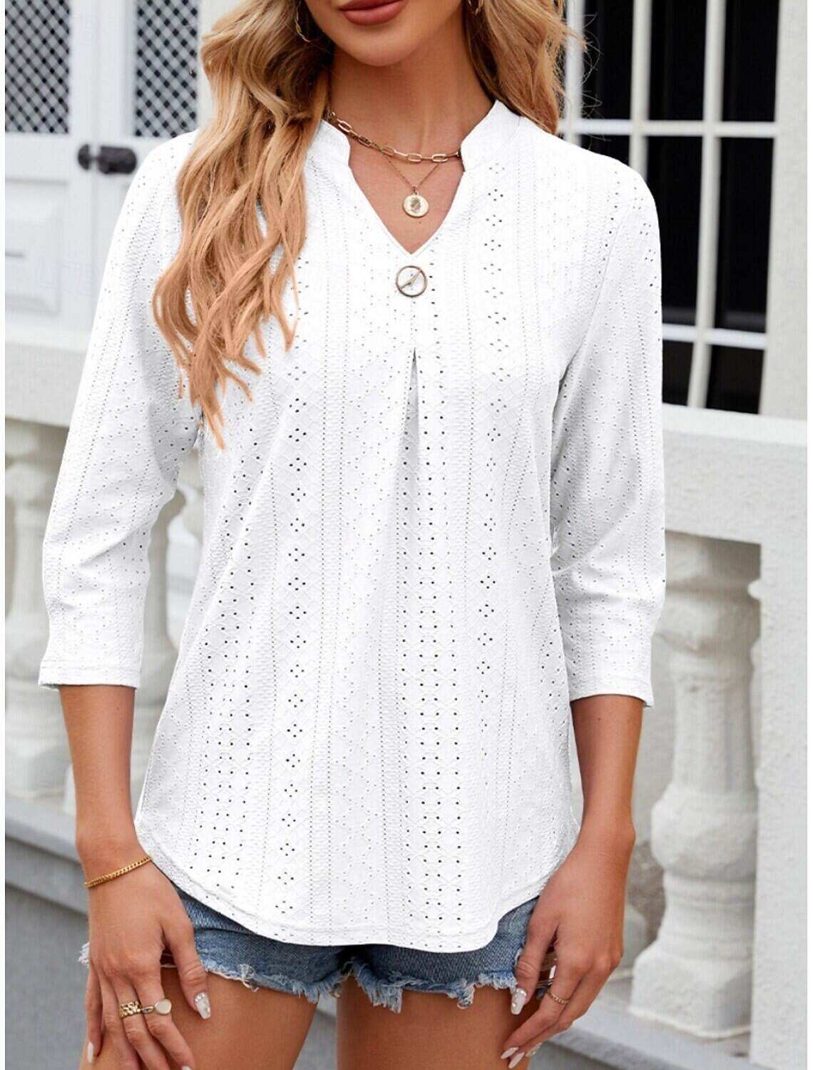 Women's Shirt Blouse Stylish Casual Floral Regular Tops Long Sleeve Notched Neck Eyelet Regular Fit Daily Summer Spring