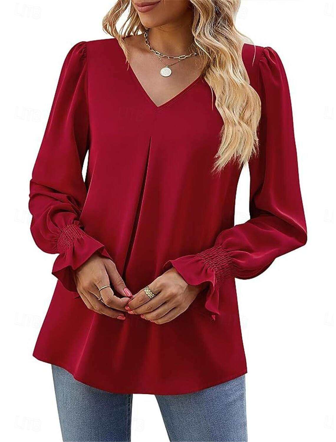 Women's Shirt Blouse Basic Casual Solid Color Regular Tops Long Sleeve V Neck Regular Fit Daily Fall Winter
