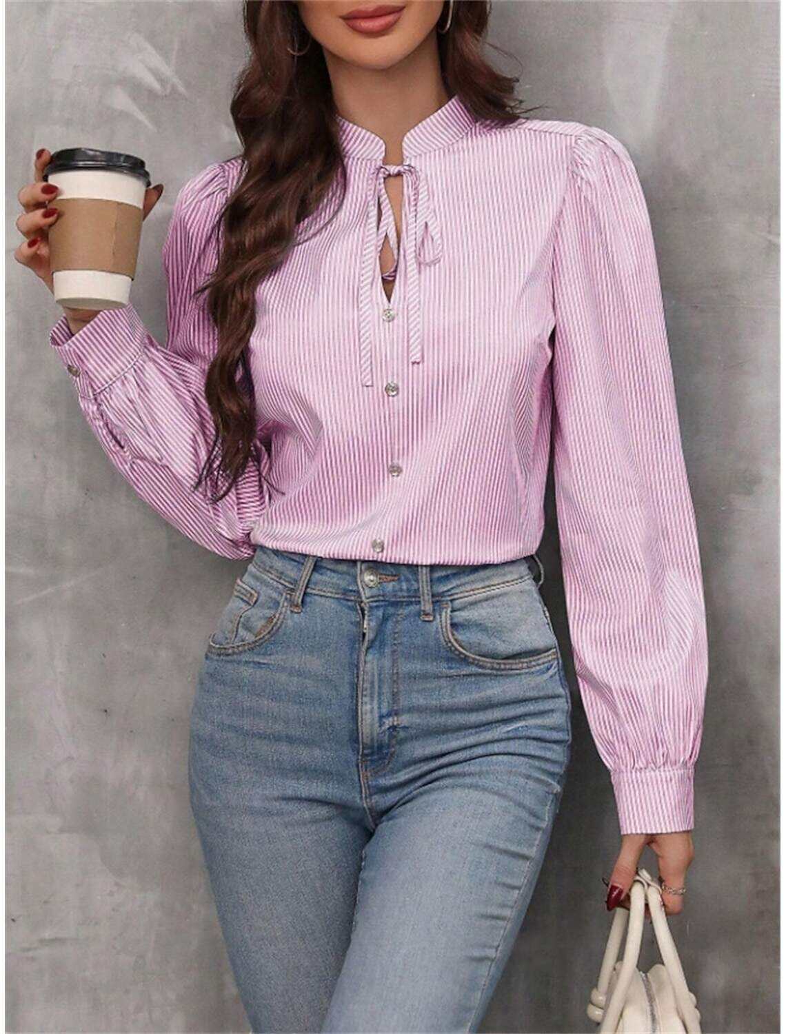 Women's Shirt Blouse Stylish Casual Striped Regular Tops Long Sleeve V Neck Patchwork Regular Fit Work Daily Going out Summer Spring Fall