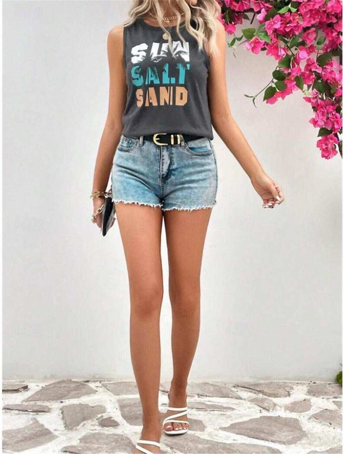 Women's Tank Top Vest Vacation Tropical Fashion Letter Print Sleeveless Regular Tops Crew Neck Casual Summer