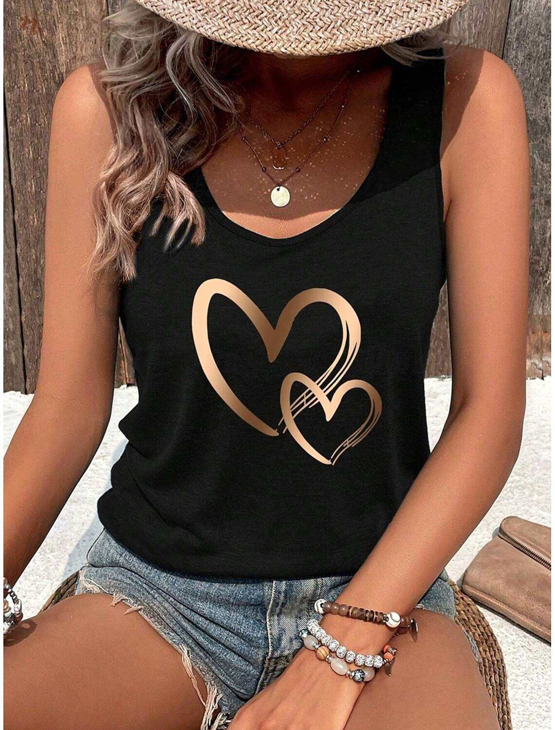 Women's Tank Top Fashion Heart Regular Tops Sleeveless Crew Neck Print Regular Fit Daily Summer
