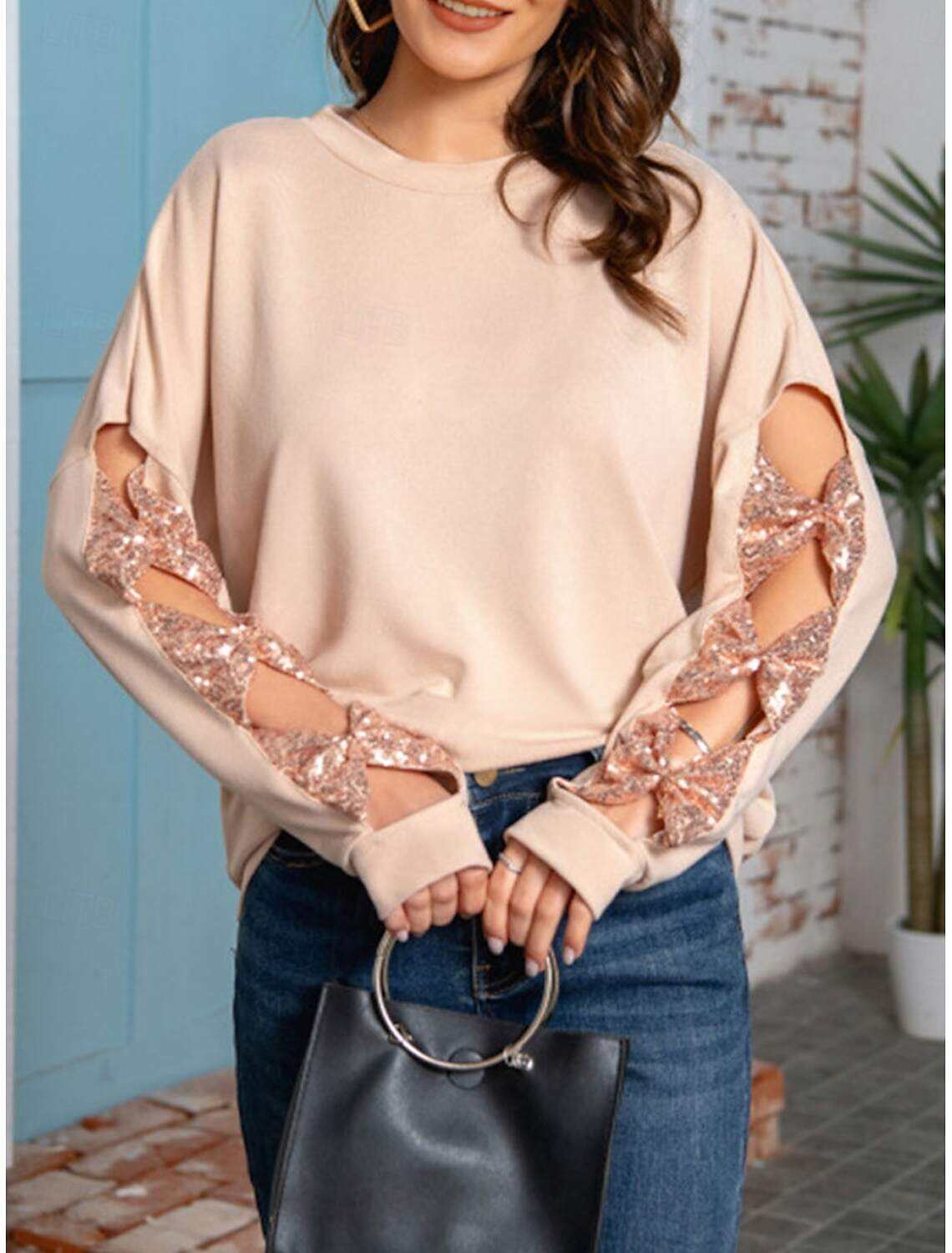 Women's Shirt Blouse Basic Casual Solid Color Regular Tops Long Sleeve Crew Neck Sequins Patchwork Bow Regular Fit Daily Fall Winter