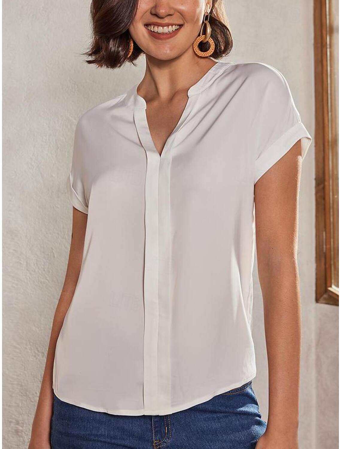 Women's Plus Size Shirt Blouse Elegant Fashion Basic Plain Regular Tops Short Sleeve V Neck Regular Fit Casual