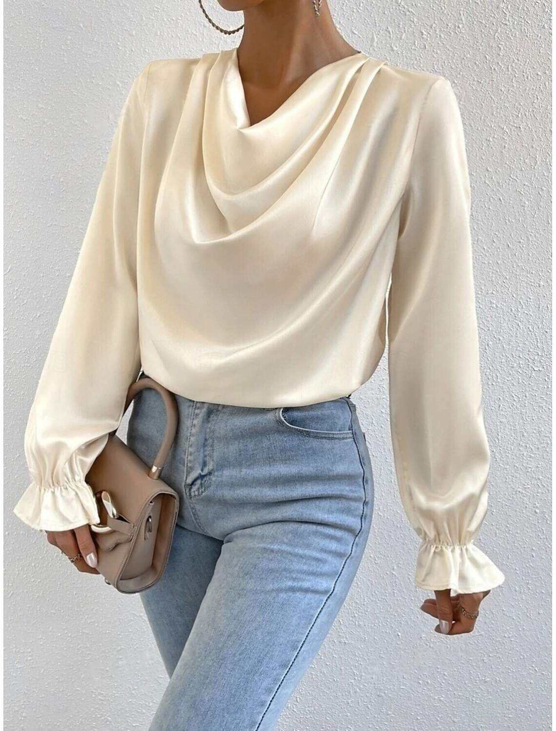 Women's Shirt Blouse Stylish Casual Solid Color Regular Tops Long Sleeve Cowl Neck Ruched Regular Fit Daily Summer Spring