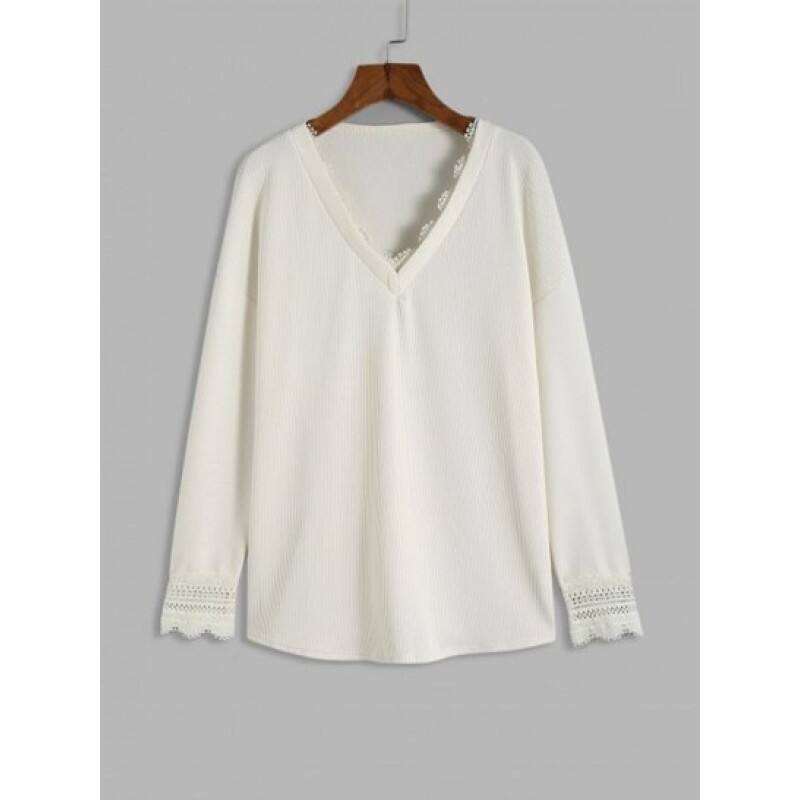 Lace Panel Solid V Neck Top FC4931