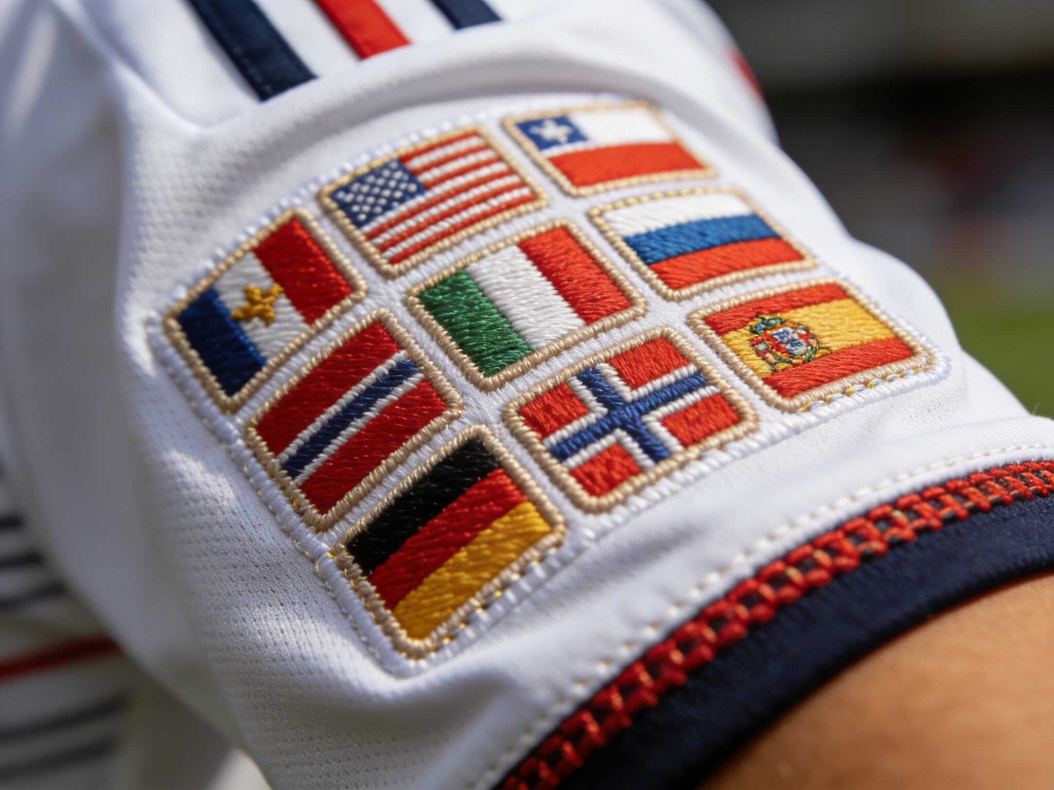 Close-up of a jersey sleeve with a collection of embroidered national flag patches.