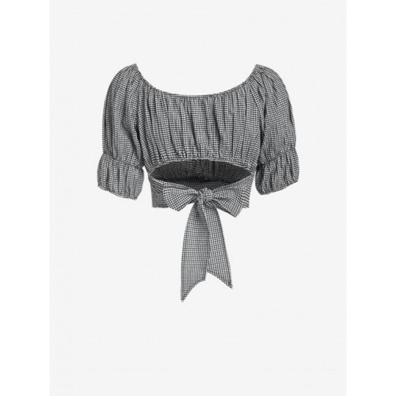 Gingham Puff Sleeve Crossover Blouse HB6489