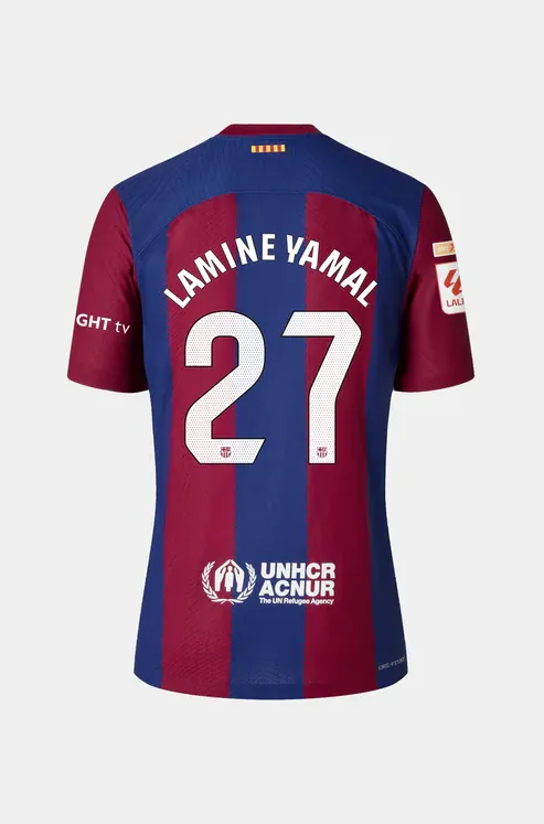 Barcelona's LAMINE YAMAL 27 Home Jersey for the 23-24 season.