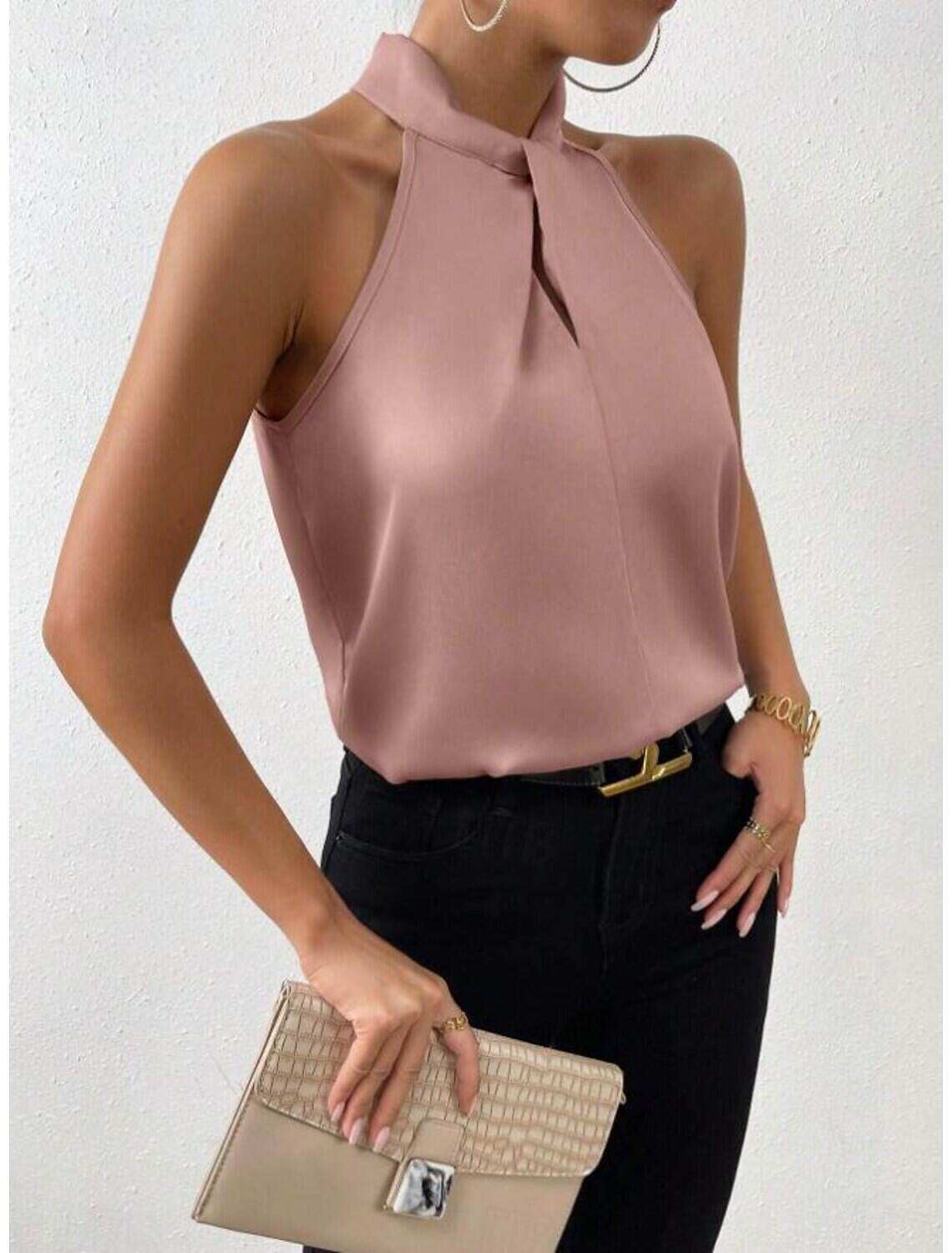 Tank Women's Plain Cold Shoulder Street Daily Fashion Halter Neck Regular Fit S