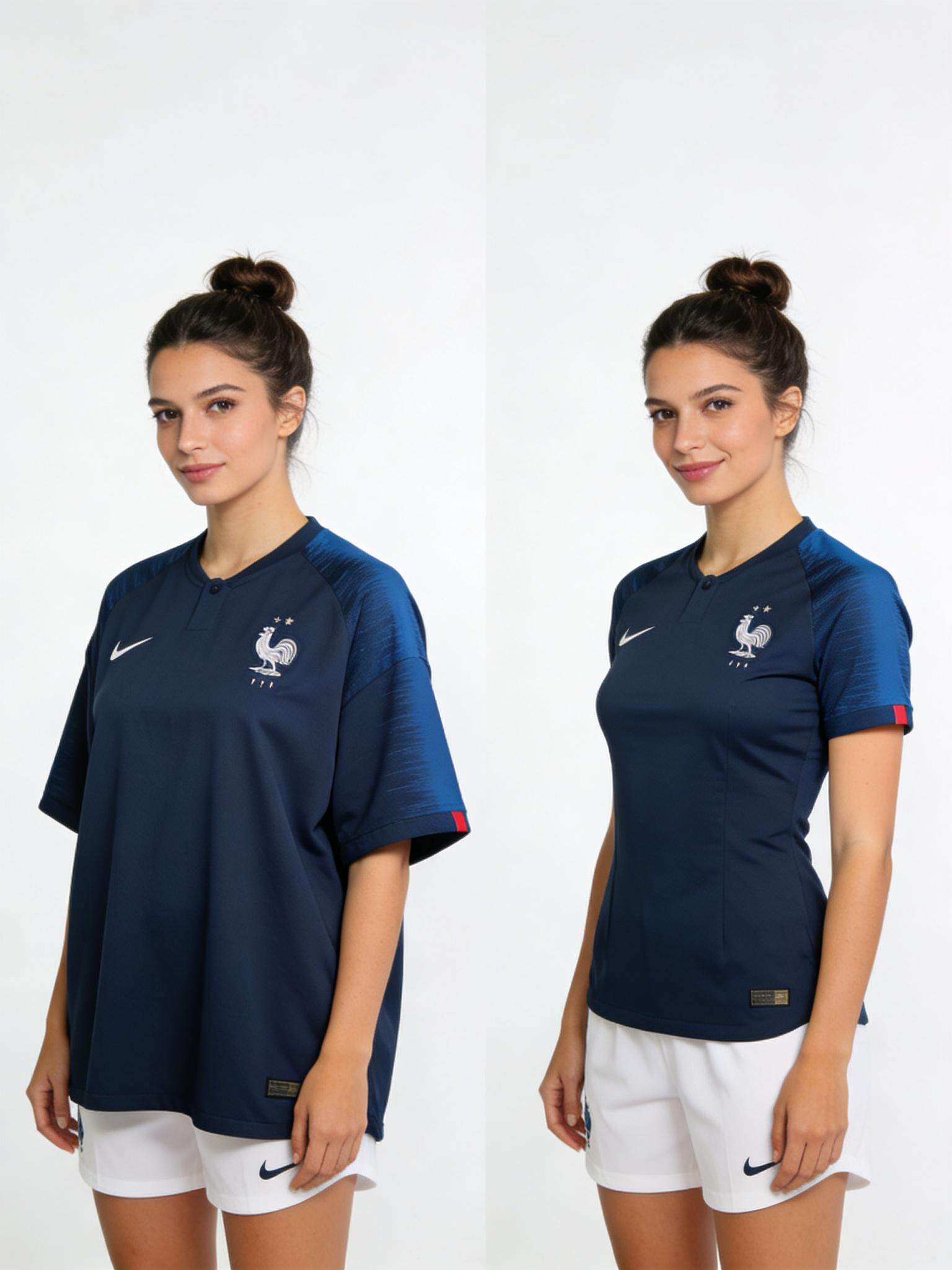 A side-by-side comparison visual. Left: a woman in an ill-fitting, boxy traditional fan jersey. Right: the same woman in a sleek, tailored female-fit jersey of the same team, looking confident and comfortable.