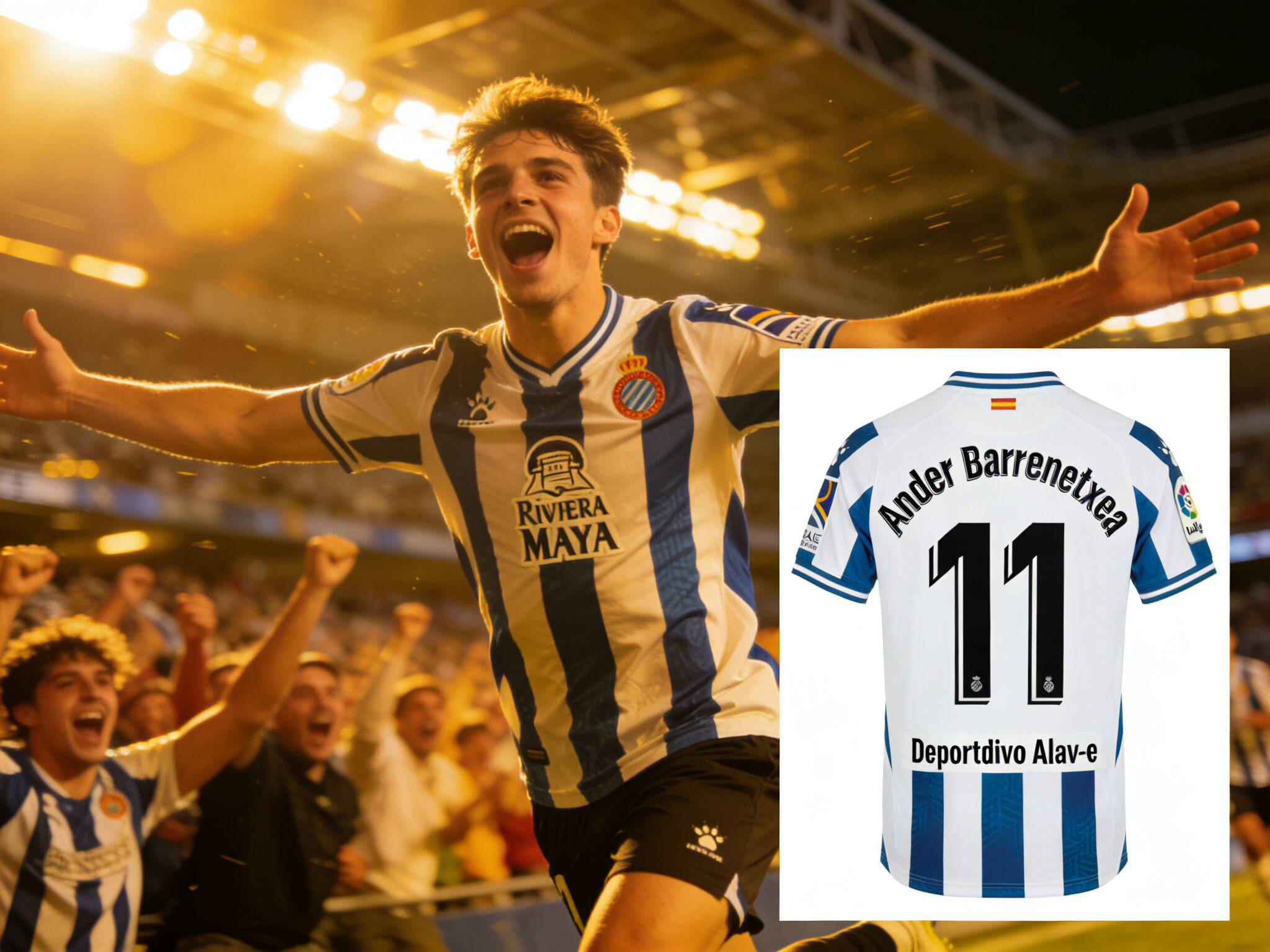 Barrenetxea celebrando un gol con la Real Sociedad. Transici&oacute;n a un mock-up de la nueva camiseta del Alav&eacute;s con su nombre.