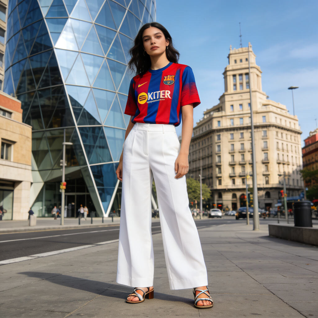 Barcelona FC's red and blue jersey paired with white wide-leg pants: A fashion statement against the backdrop of modern architecture on Passeig de Gr&agrave;cia