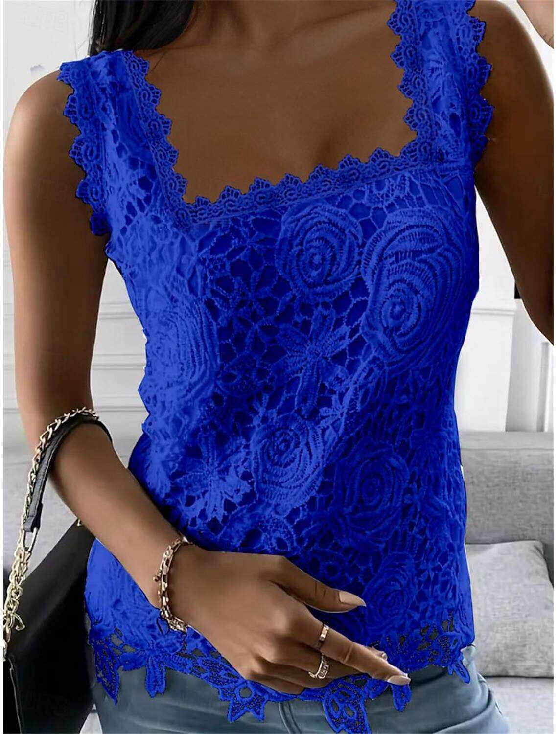 Women's Elegant Lace Tops Eyelet Blouse Sexy Sleeveless Floral Semi-Sheer Square Neckline Scalloped Trim Fashion Slim Fit Date Casual Party Romantic Petite Tops Summer Holiday Wear