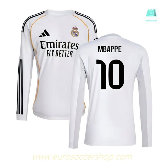 2025-2026 Real Madrid Long Sleeve Home Shirt (Mbappe 10)