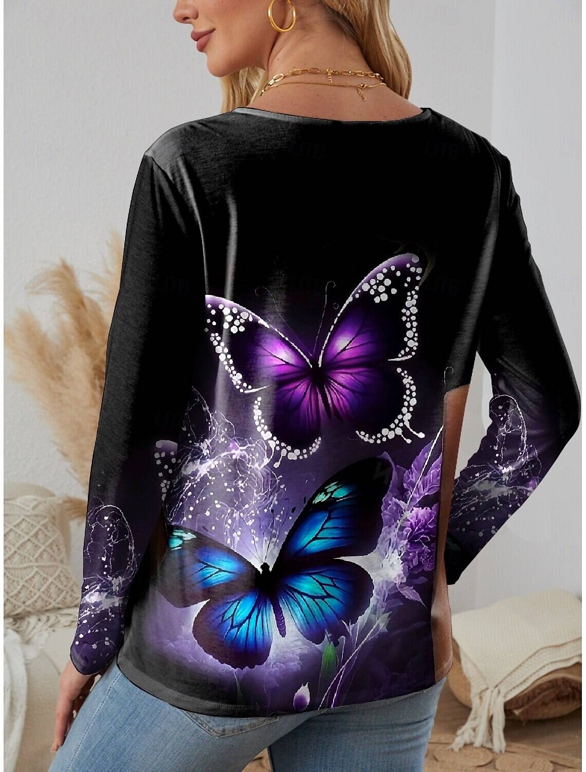 Women's Shirt Casual Butterfly Regular Tops Long Sleeve Asymmetrical Shirt Collar Buttons Print Asymmetric Regular Fit Work Daily Spring Fall Winter