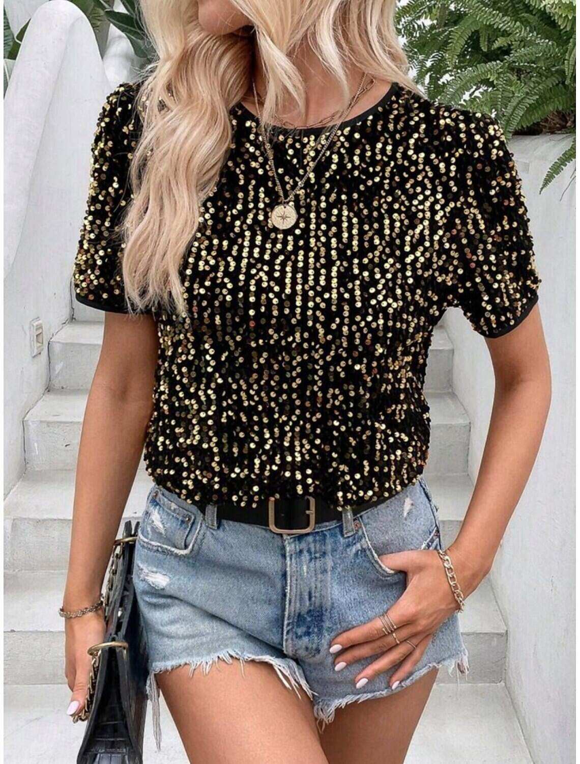 Women's T Shirt Fashion Modern Casual Plain Regular Tops Short Sleeve Crew Neck Sequins Regular Fit Daily Weekend Summer Spring