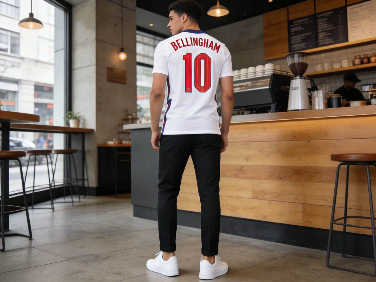 A person stylishly wearing an authentic England Euro 2024 player version jersey (featuring Bellingham‘s name and number) paired with black chino pants and white sneakers in a casual urban setting.