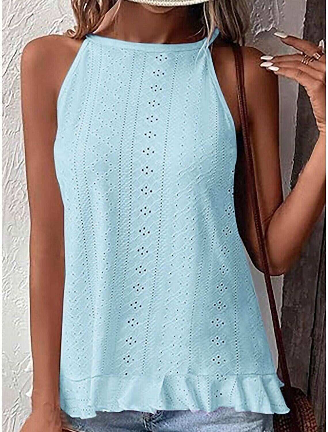 Women's Shirt Blouse Stylish Casual Solid Color Regular Tops Sleeveless Halter Neck Eyelet Regular Fit Daily Summer