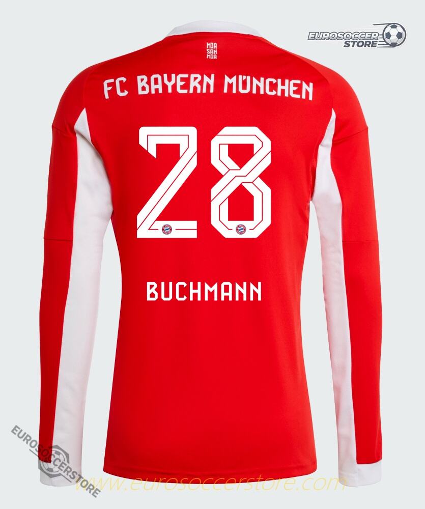 Bayern Munich's 25-26 Season Home Long-Sleeve Jersey, Featuring Buchmann with Number 28