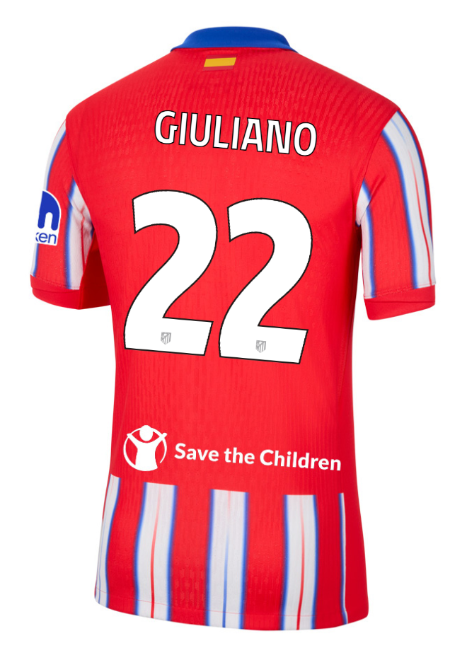 Atletico Madrid's 24-25 Champions League Home Jersey featuring GIULIANO 22