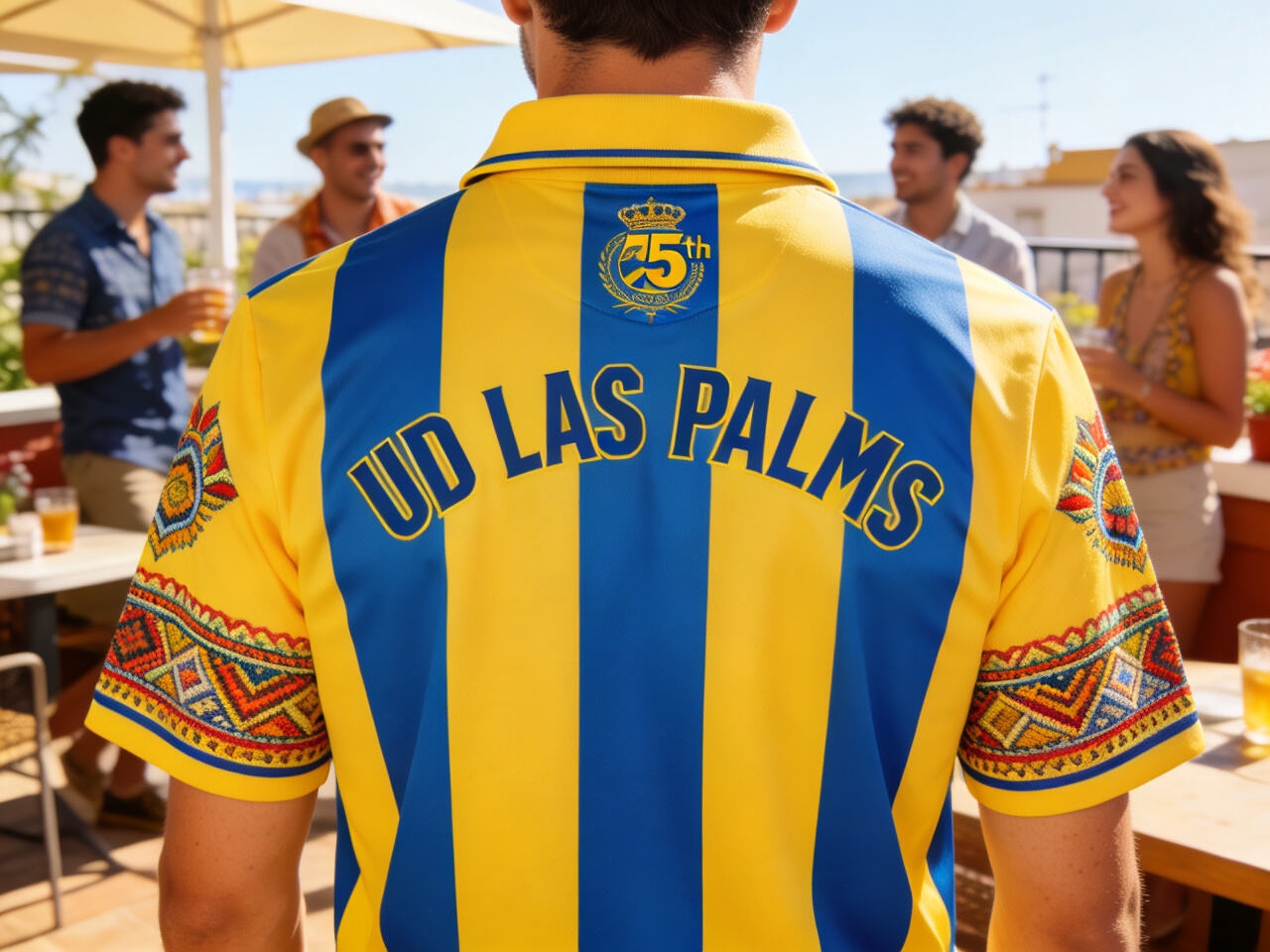 A Las Palmas jersey shown in a bright, social setting, like a sunny terrace with friends.