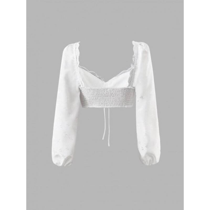 Flower Jacquard Lace Insert Pintuck Smocked Crop Blouse YN5246