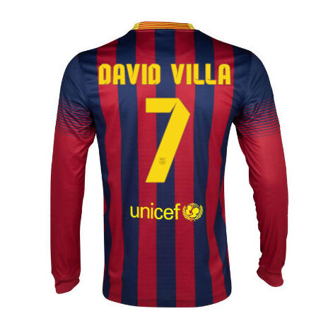 13-14 Barcelona 7 David Villa Home Long Sleeve Soccer Jersey Shirt -