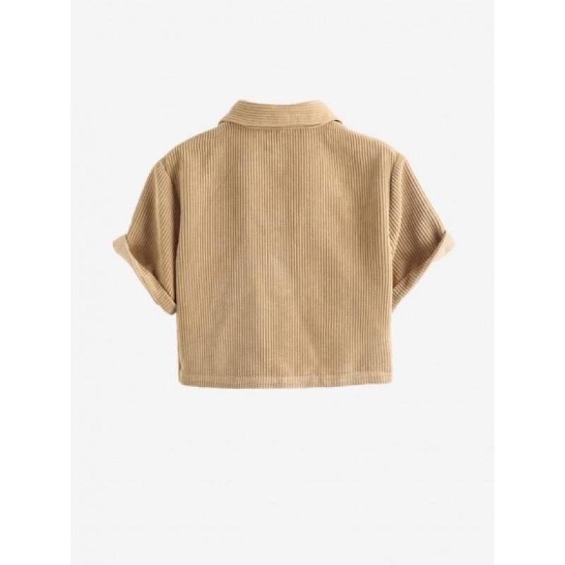 Button Front Corduroy Collared Cropped Top GO9042